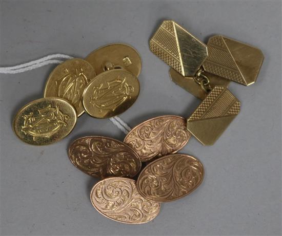 Three pairs of gold cuff links, 1 x 18ct and 2 x 9ct,